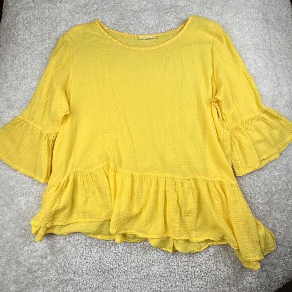 Bryn Walker Franci Cotton Gauze Asymmetrical Ruffle Top Yellow - Picture 2 of 9